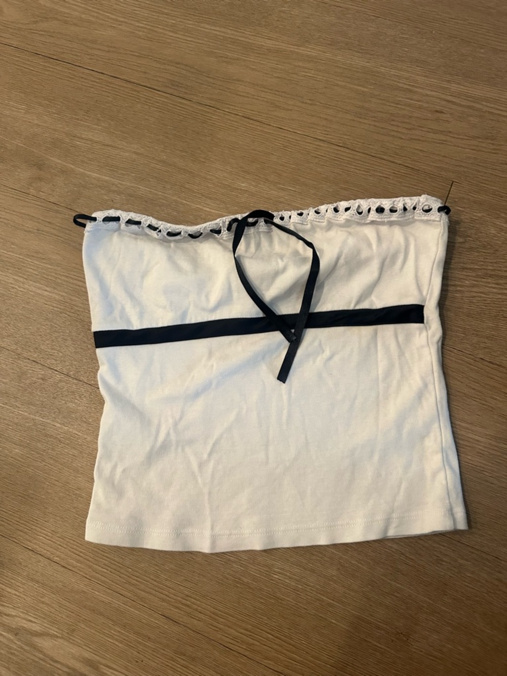 White Strapless Crop Top with Black Ribbon Detail